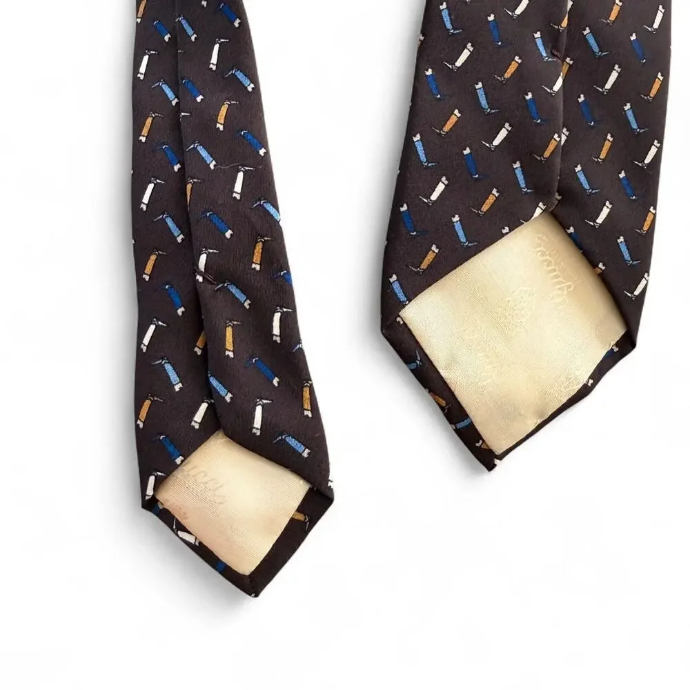 Vintage 80s Gucci 100% Silk Tie Brown Boot Print Italy Rare Old Money Office